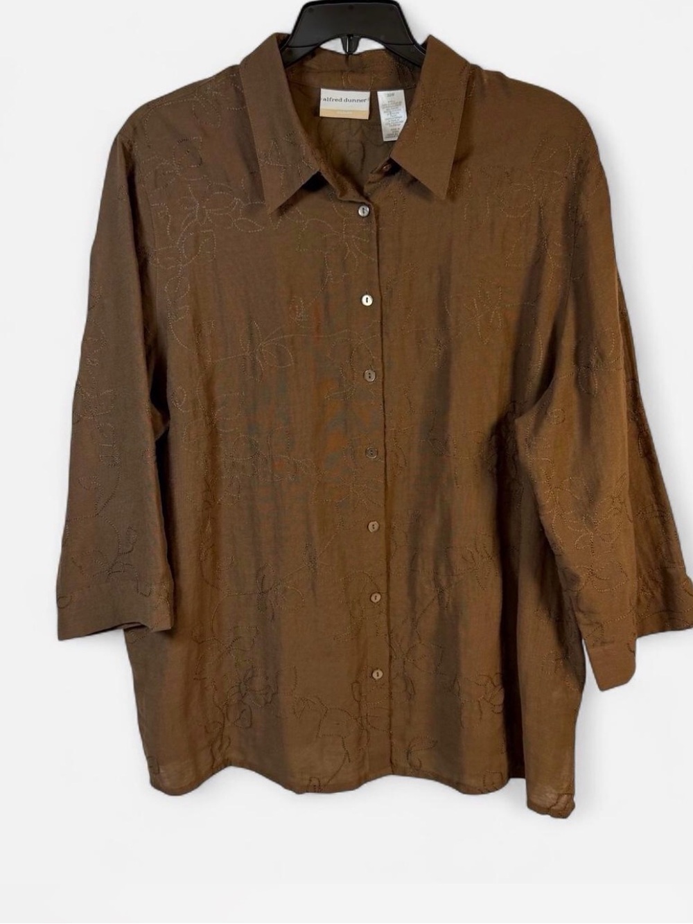 Alfred Dunner Embroidered Brown Button-Down Blouse size: 22W